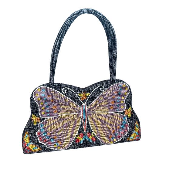 Beaded Butterfly Handbag Double Top Handle Shoulder Bag Unique Colorful - Picture 3 of 6